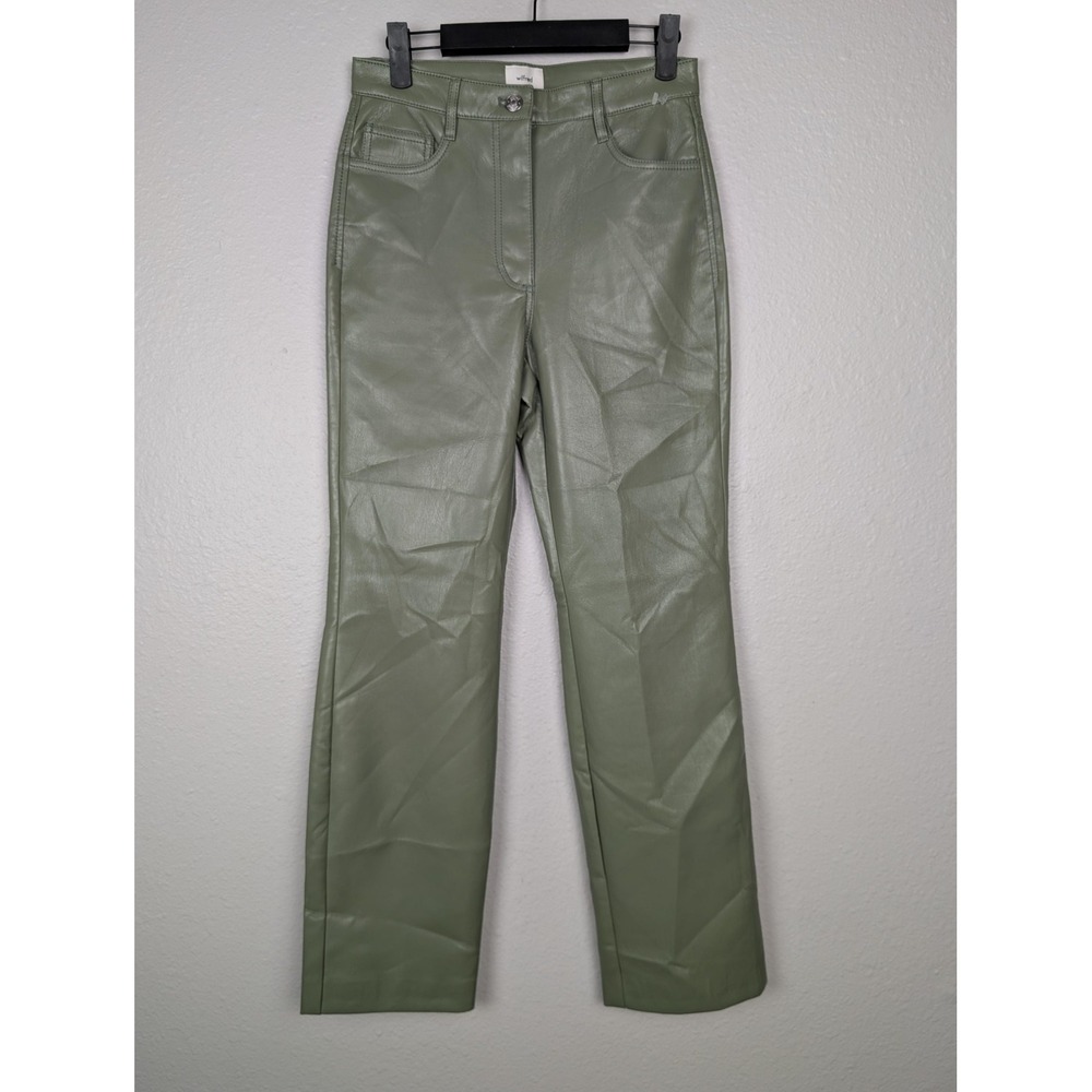 Wilfred Pants Womens 4 Green Faux Leather Straight Leg High Rise‎ Aritzia Vegan